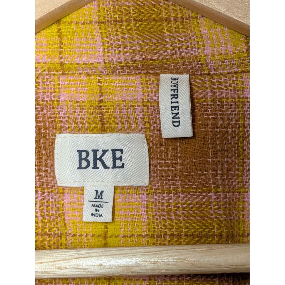 BKE Boyfriend Yellow Pink Plaid Flannel Shirt M 100% Cotton Oversized Grunge Y2K - Picture 5 of 5